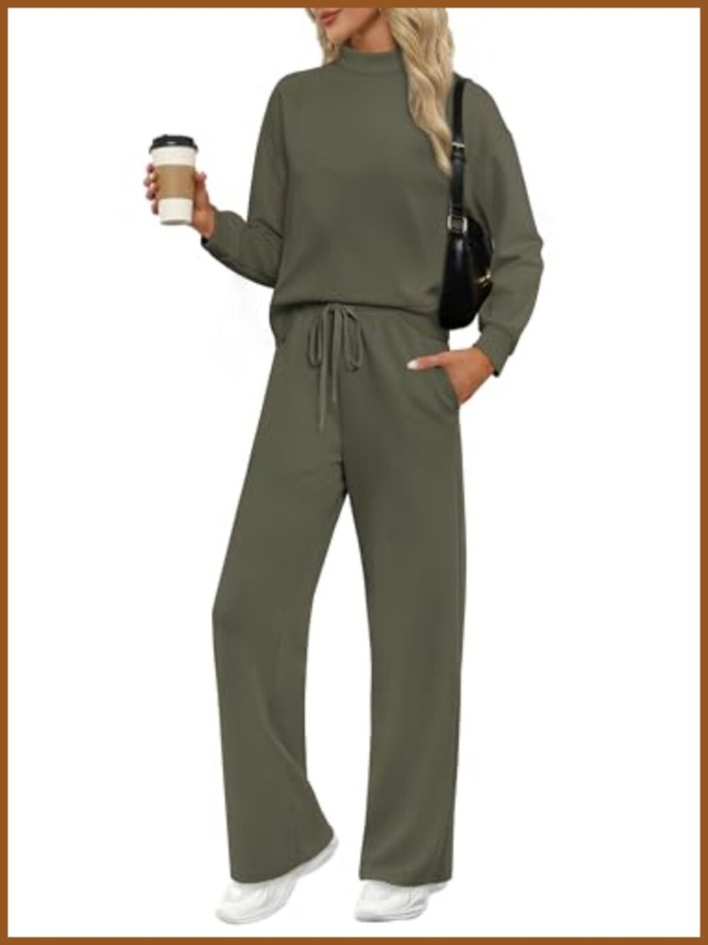 Women's Two-Piece Lounge Set Mock Neck Top Wide Leg Pants Travel Outfit
